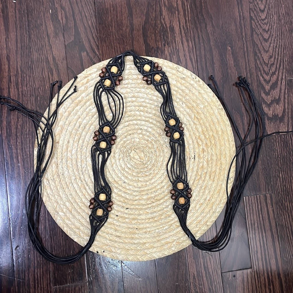 Vintage Chocolate Brown Beads Yarn Woven Fringe Belt